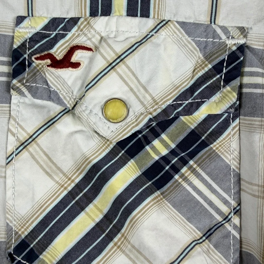 Hollister Mens Plaid Western Pearl Snap Shirt Navy Yellow White Size S Small